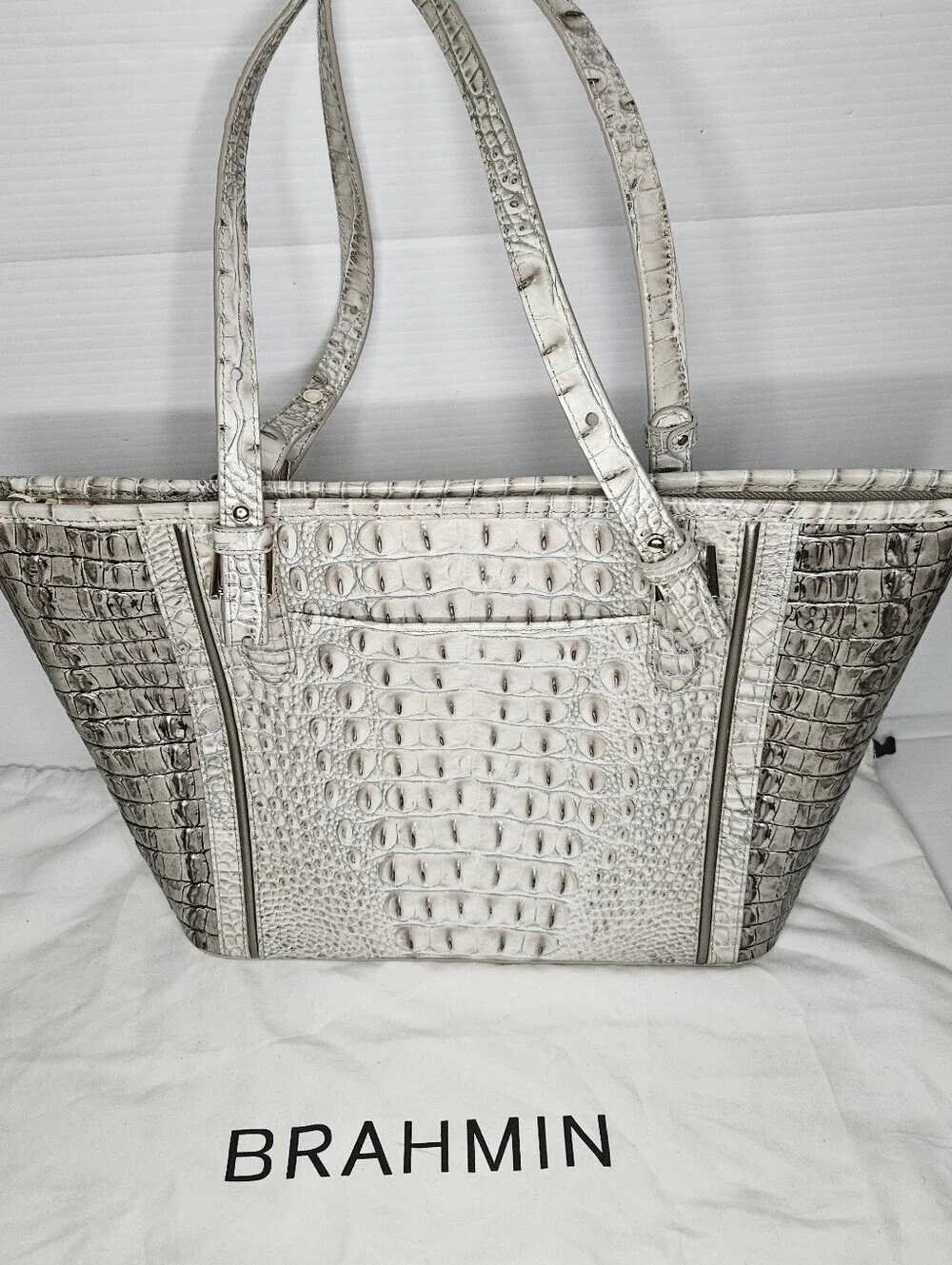 BRAHMIN Medium Asher Bag Fairest Grey Embossed Leather Structured Satchel NWOT